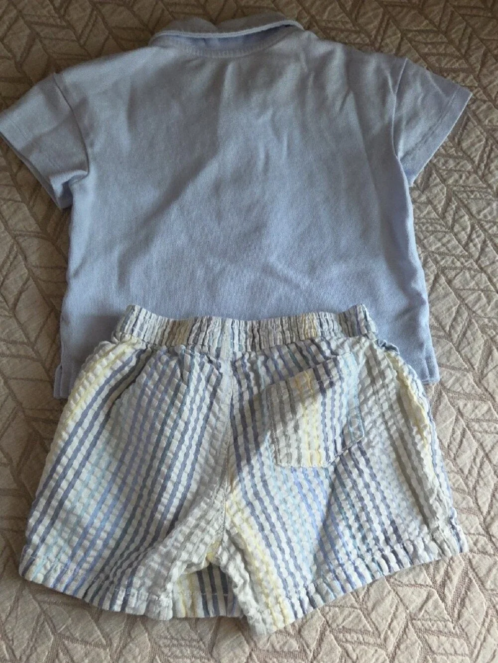 Light Blue Polo with Striped Seersucker Shorts